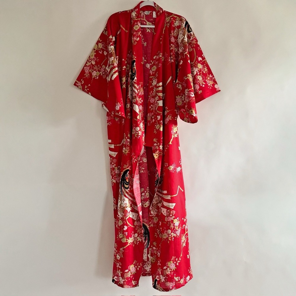 Smithsonian Institution Womens Japanese Kimono Robe L Red Floral Cover Up